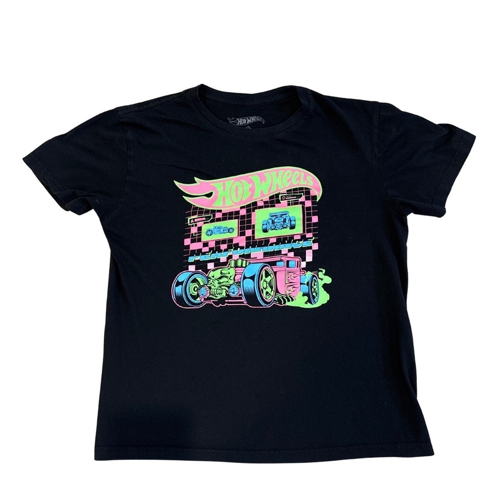 Boys Large Hot Wheels Graphic T-Shirt - Black with‎ neon pink, blue, green